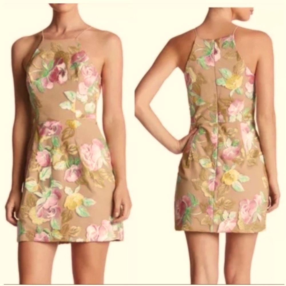 Dress The Population Lucy Tan Floral Embroidered Mini Dress Women’s SZ S
